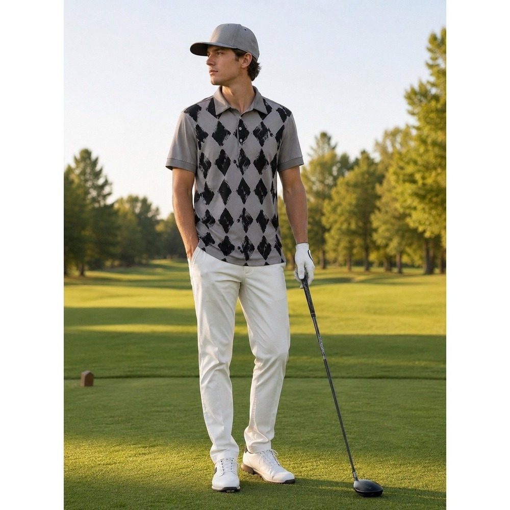 J. Lindeberg Golf Polo Men's Small Short Sleeve Gray Argyle Diamond Pattern